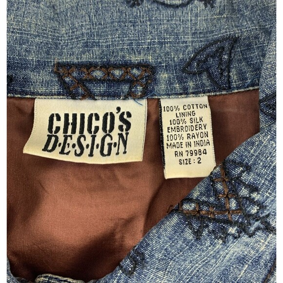 Chico's Design Silk Lining, Embroidered & Beaded Blue Jean Jacket Women 2 /M - Picture 14 of 16